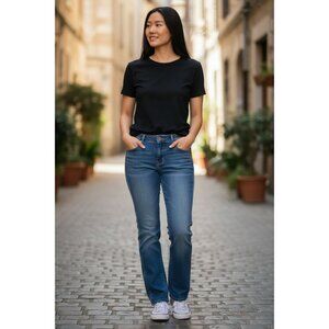 Vintage-Inspired Womens Denim Jeans W/ Beaded Side Detailing & Rhinestone Button